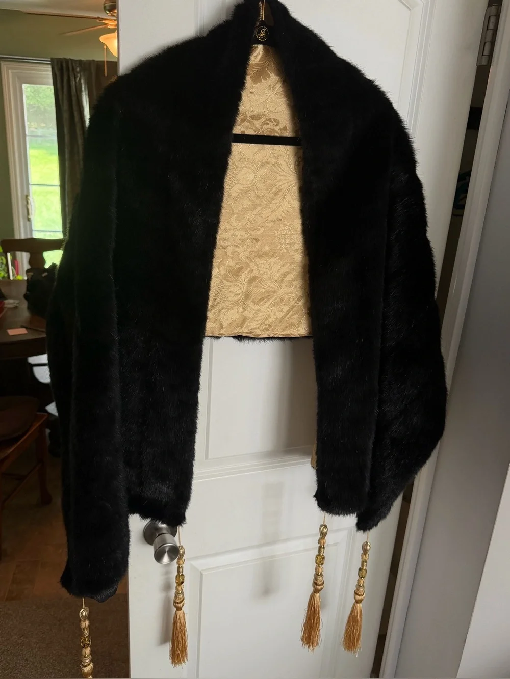 Vintage Black Faux Fur Evening stole  with Gold Brocade Lining.Iman 68”x 21”